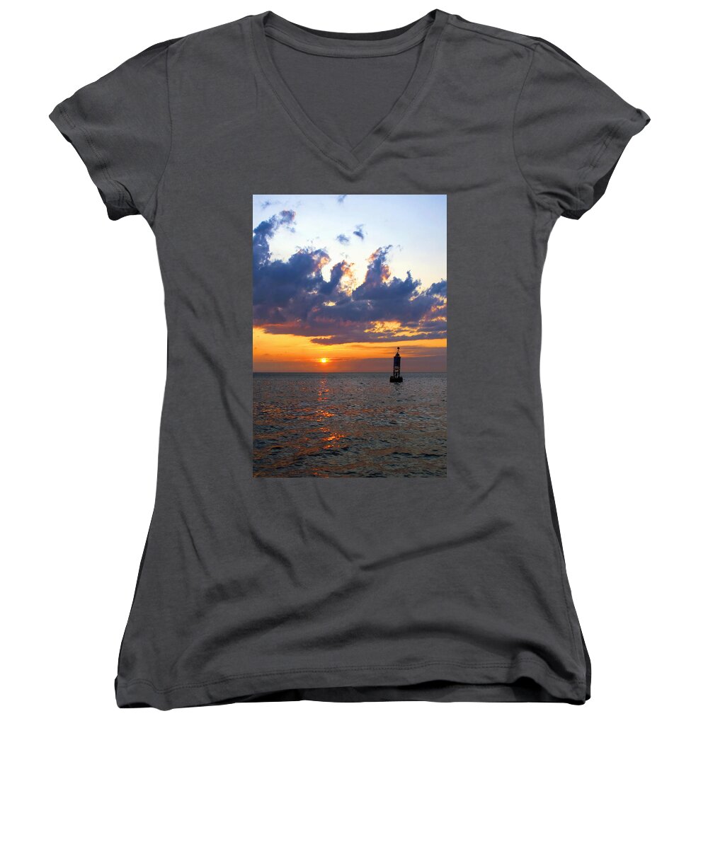 Bell Women's V-Neck featuring the photograph Sunset at the Bell Buoy by Charles Harden