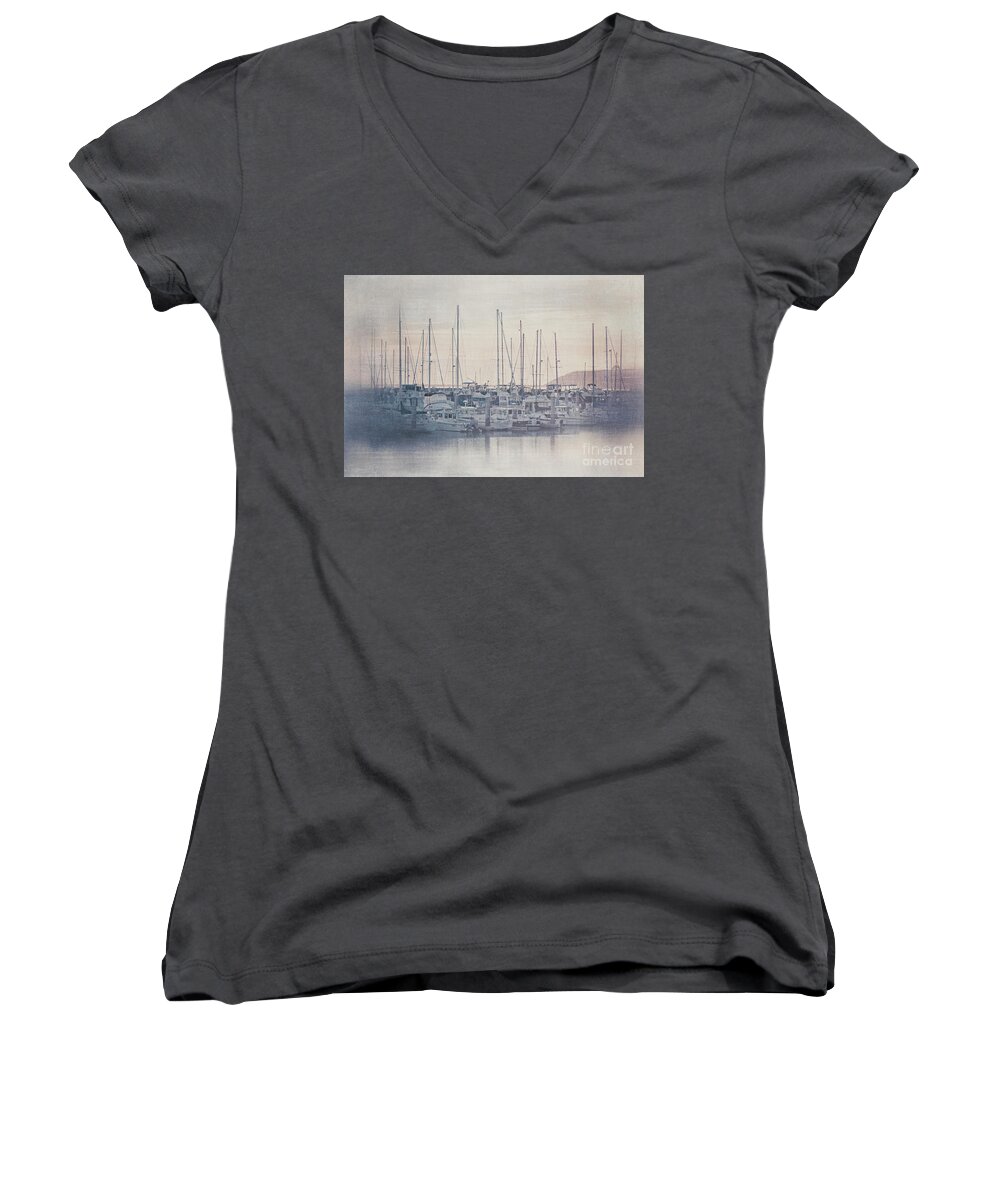 California Women's V-Neck featuring the photograph Sunset at the Marina by Teresa Wilson