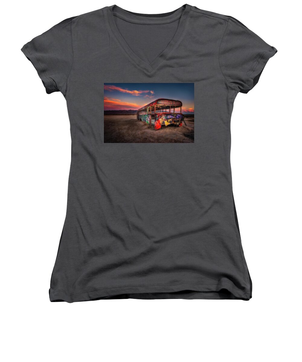 Sunset Women's V-Neck featuring the photograph Sunset Bus Tour by Michael Ash