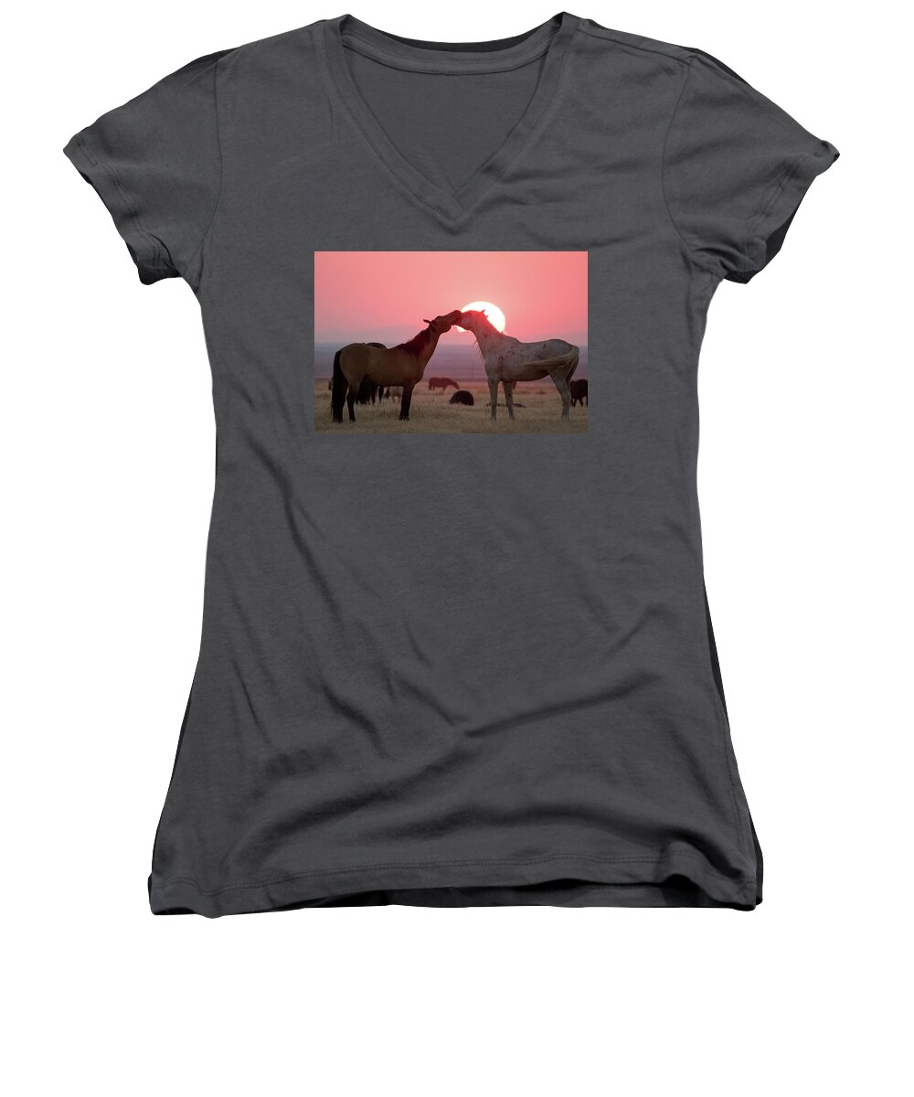 Wild Horses Women's V-Neck featuring the photograph Sunset Horses by Wesley Aston