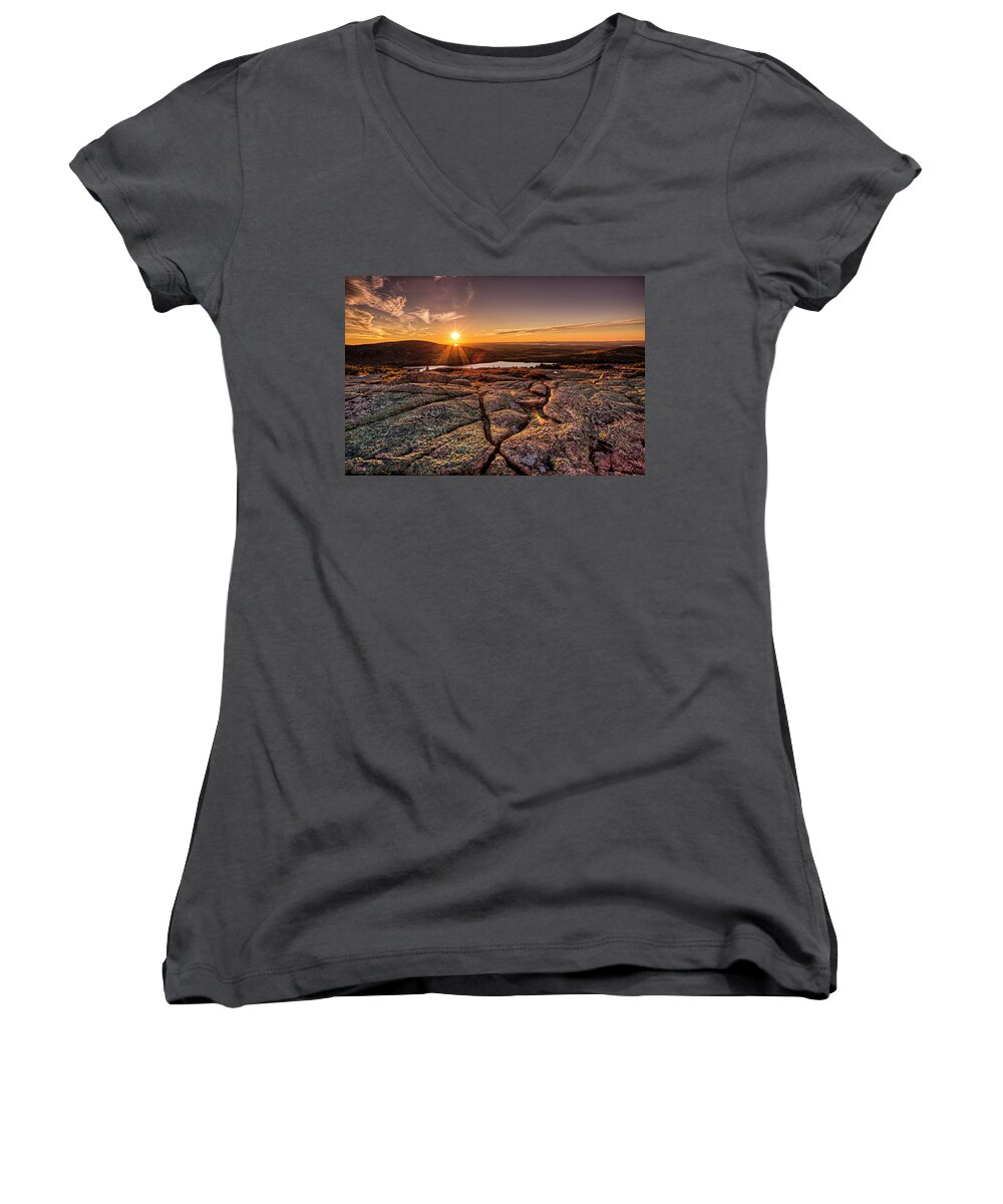Cadillac Mountain Women's V-Neck featuring the photograph Sunset on Cadillac Mountain by Joe Paul