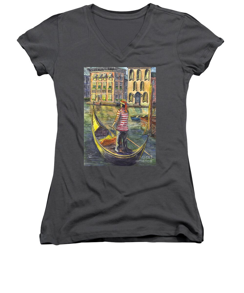 Gondolier Women's V-Neck featuring the painting Sunset On Venice - The Gondolier by Carol Wisniewski