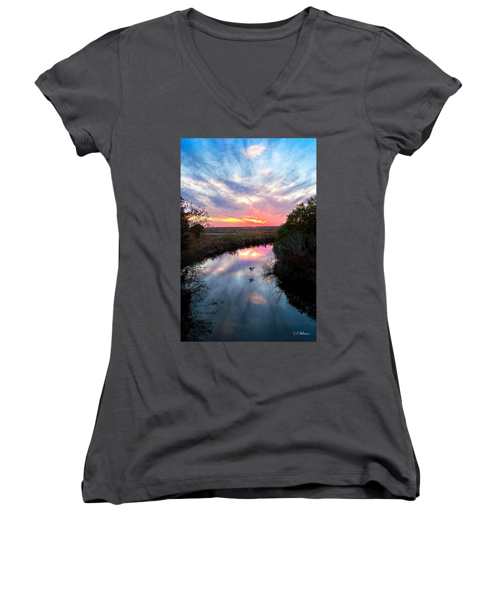 Nature Women's V-Neck featuring the photograph Sunset Over The Marsh by Christopher Holmes