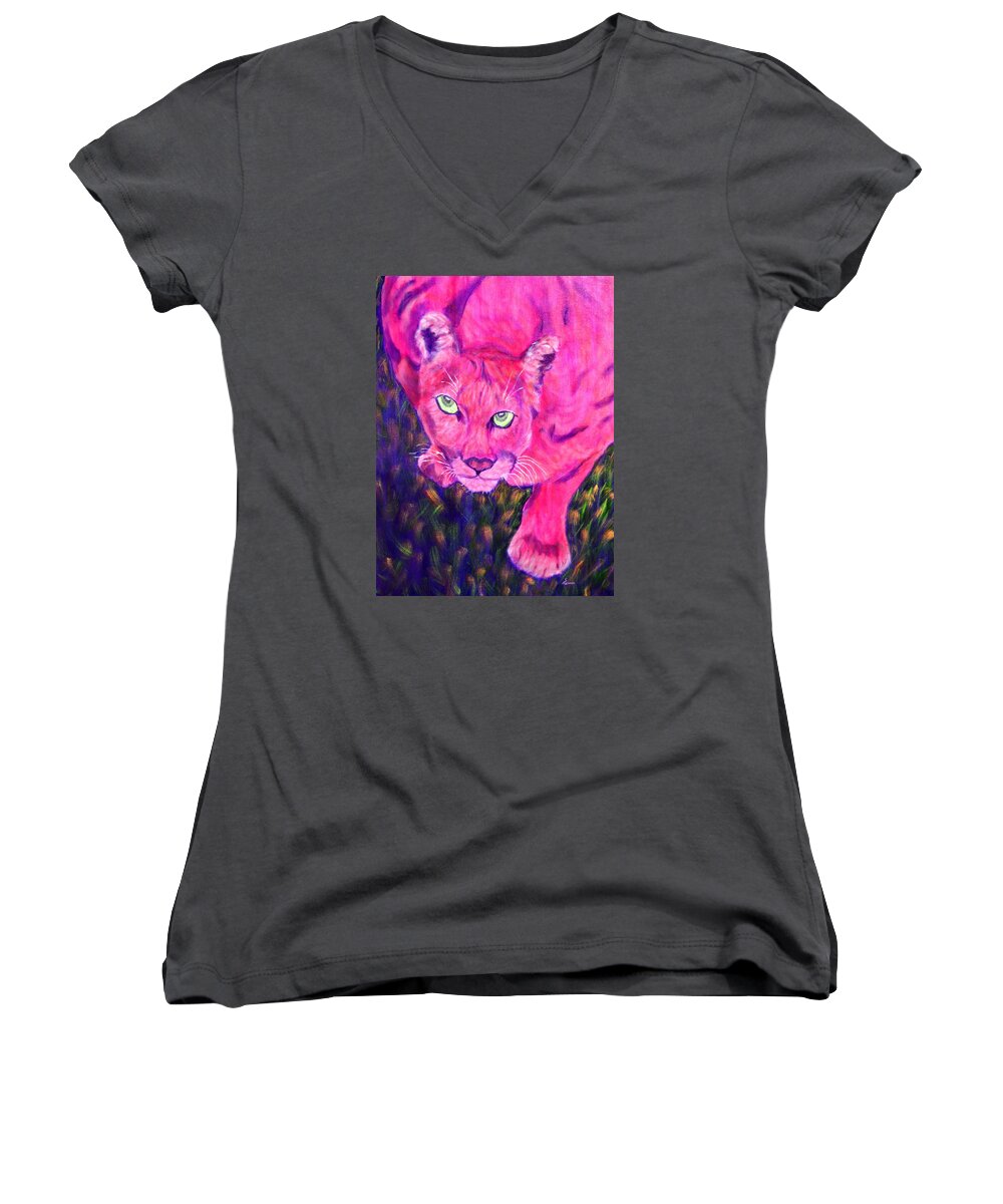 Cat Women's V-Neck featuring the painting Sunset Prowler by Sandy Hemmer