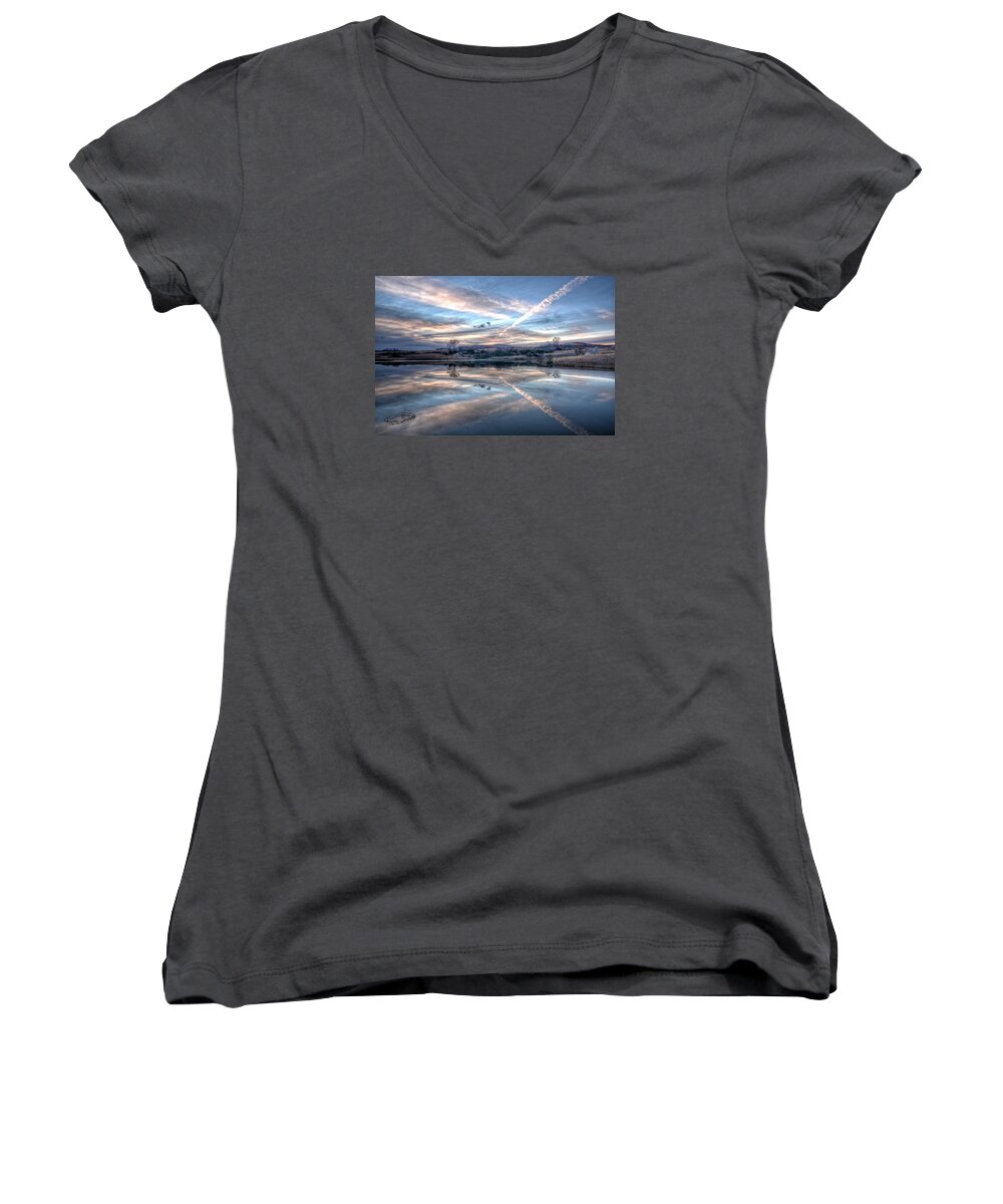 Sunset Women's V-Neck featuring the photograph Sunset Reflection by Fiskr Larsen