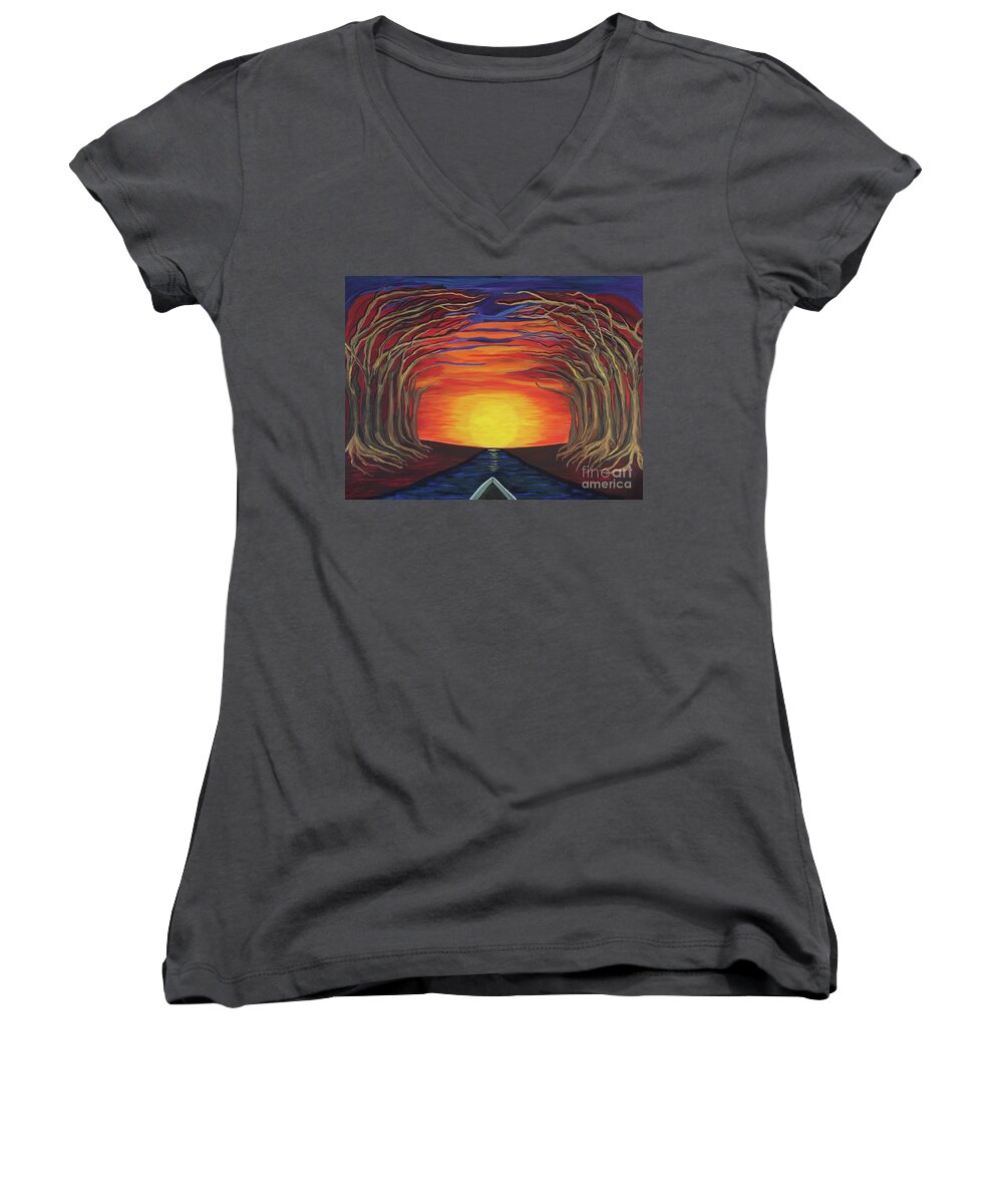 Treetop Sunset River Sail By Annette M Stevenson Women's V-Neck featuring the painting Treetop Sunset River Sail by Annette M Stevenson