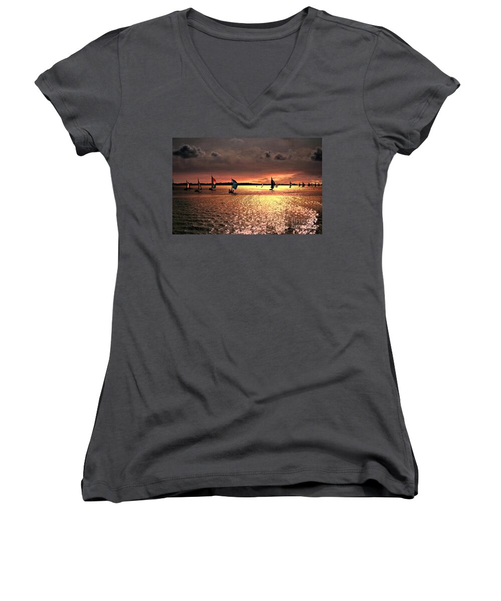 Sunset Women's V-Neck featuring the photograph Sunset Sail - Bermuda by Judy Palkimas