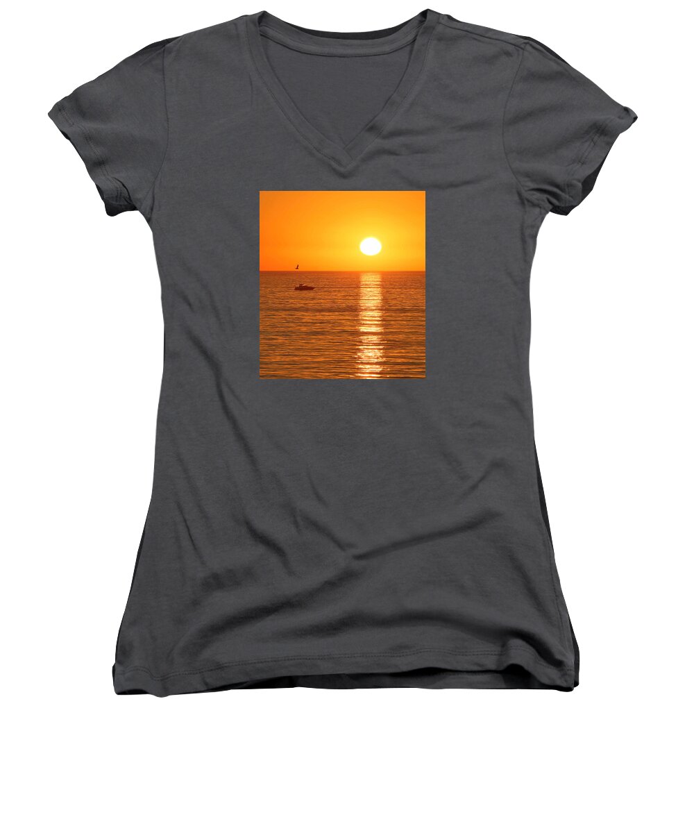 Ocean Women's V-Neck featuring the photograph Sunset Solitude by Ed Clark