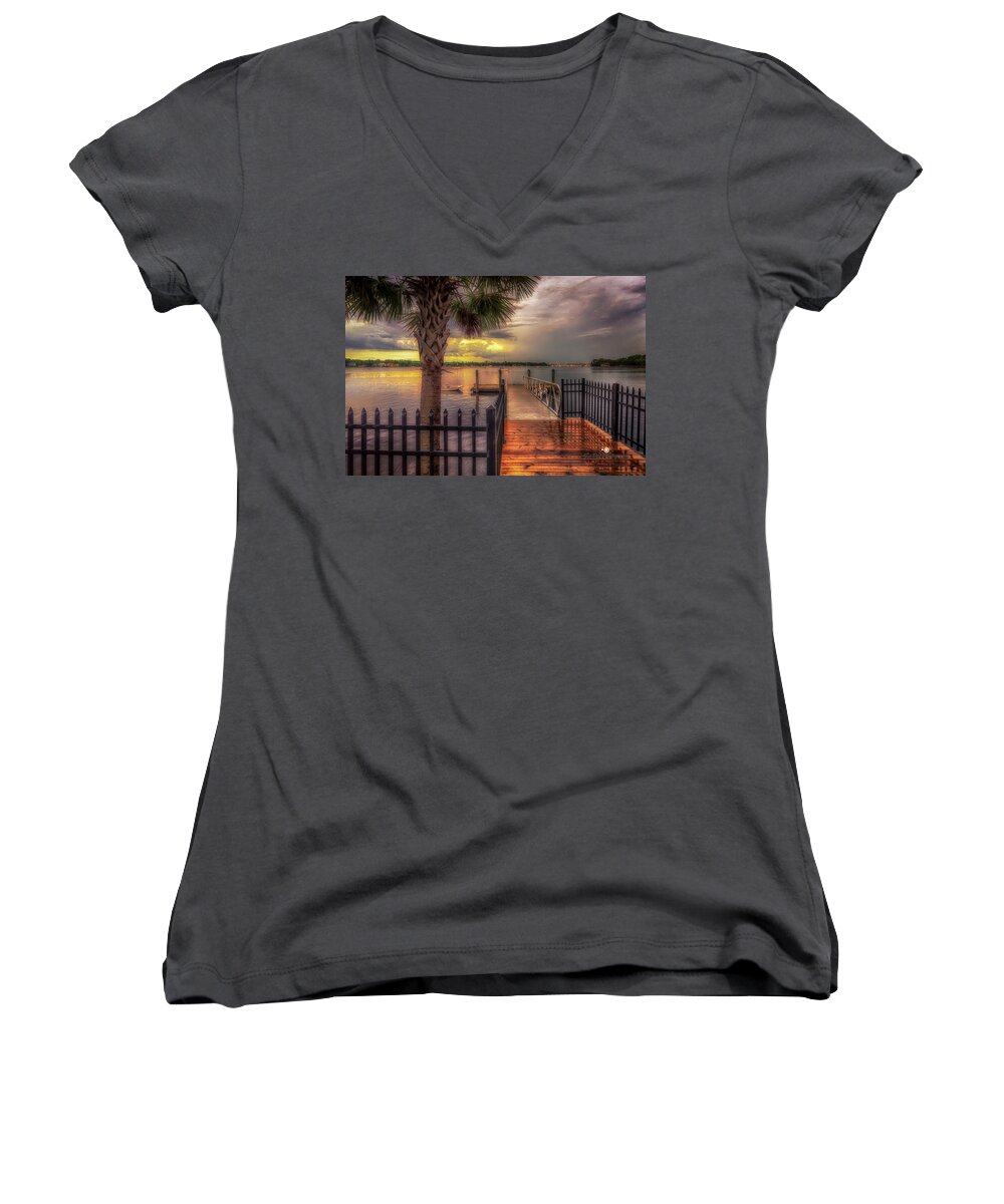 River Women's V-Neck featuring the photograph Sunset Storm by Joseph Desiderio