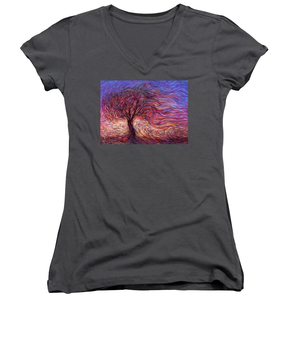 Tree Women's V-Neck featuring the painting Sunset Tree by Hans Droog