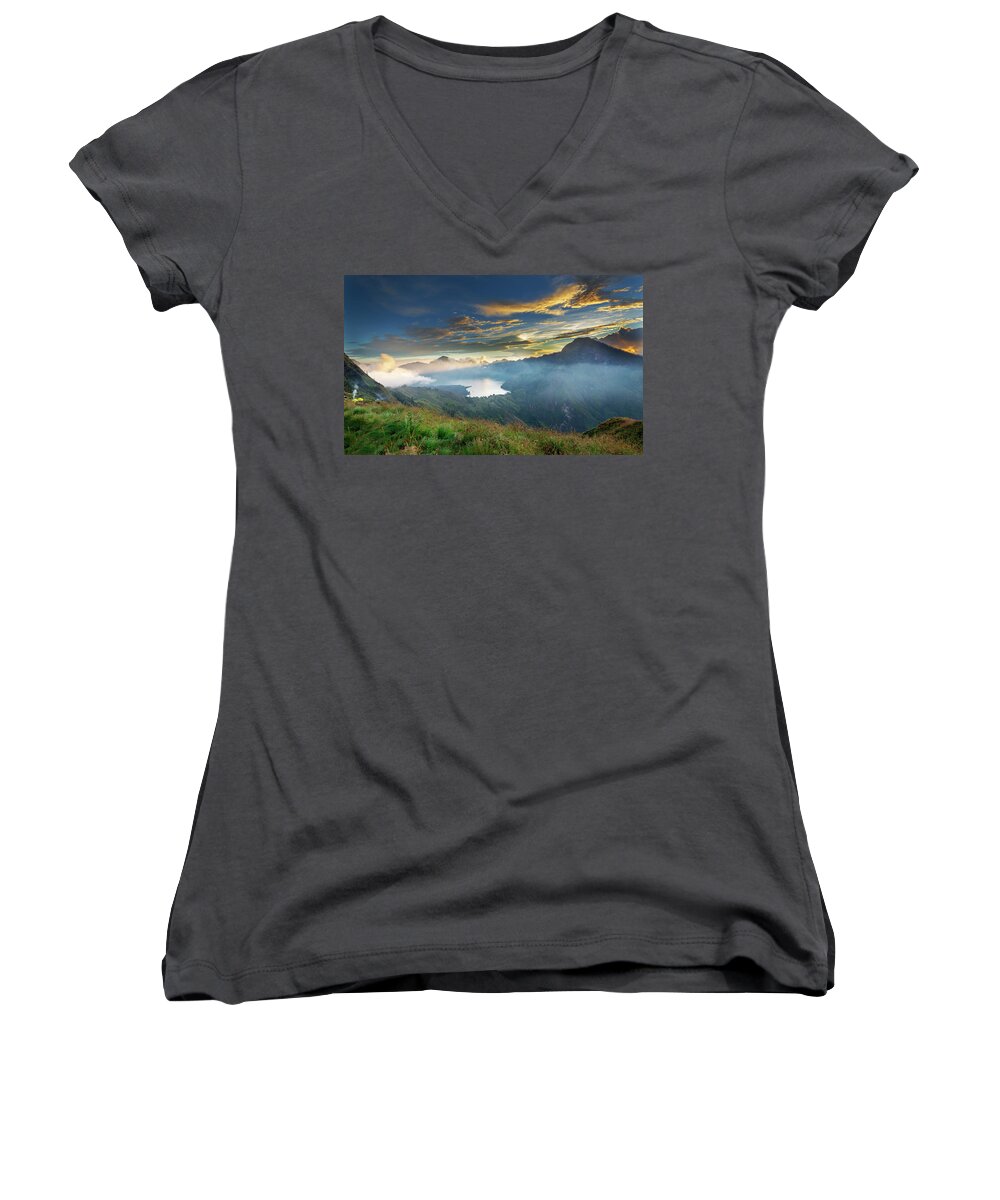 Landscape Women's V-Neck featuring the photograph Sunset view from Mt Rinjani crater by Pradeep Raja Prints