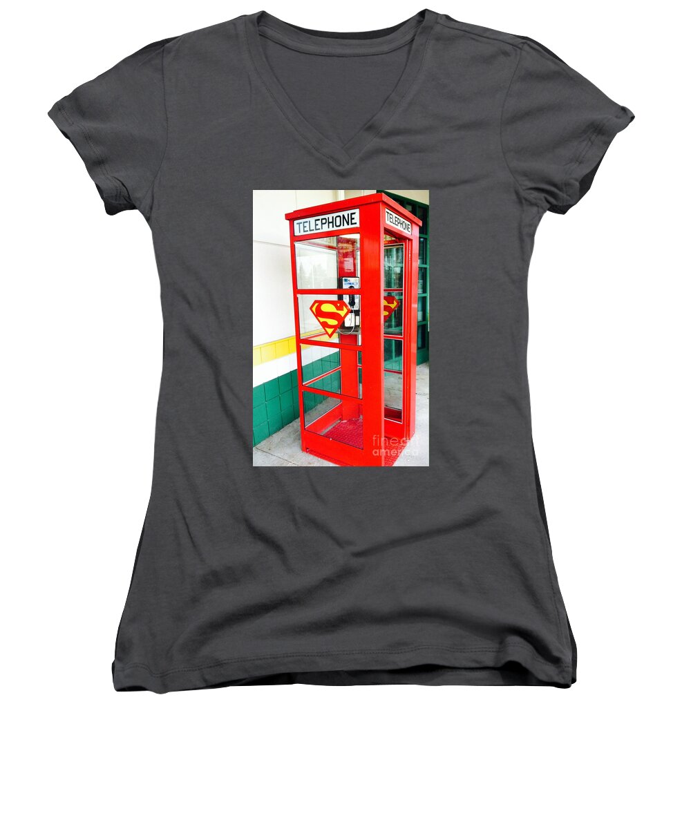 Superman Women's V-Neck featuring the photograph Superman Phone Booth by Michael Krek