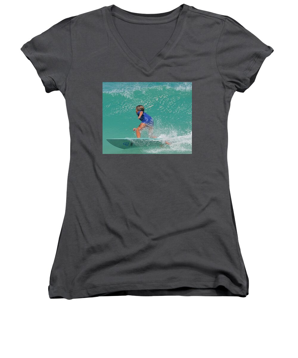 Boy Women's V-Neck featuring the photograph Surfer Boy by Newwwman