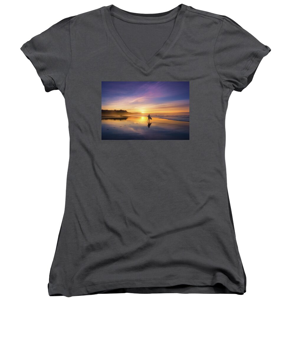 Surfer Women's V-Neck featuring the photograph Surfer In Beach At Sunset by Mikel Martinez de Osaba