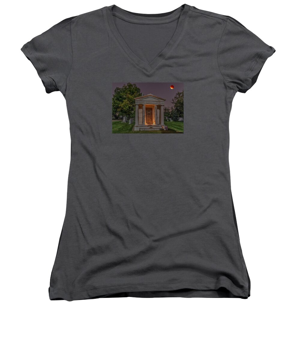 Lunar Eclipse Women's V-Neck featuring the photograph Swallow Mausoleum Under the Blood Moon by Stephen Johnson