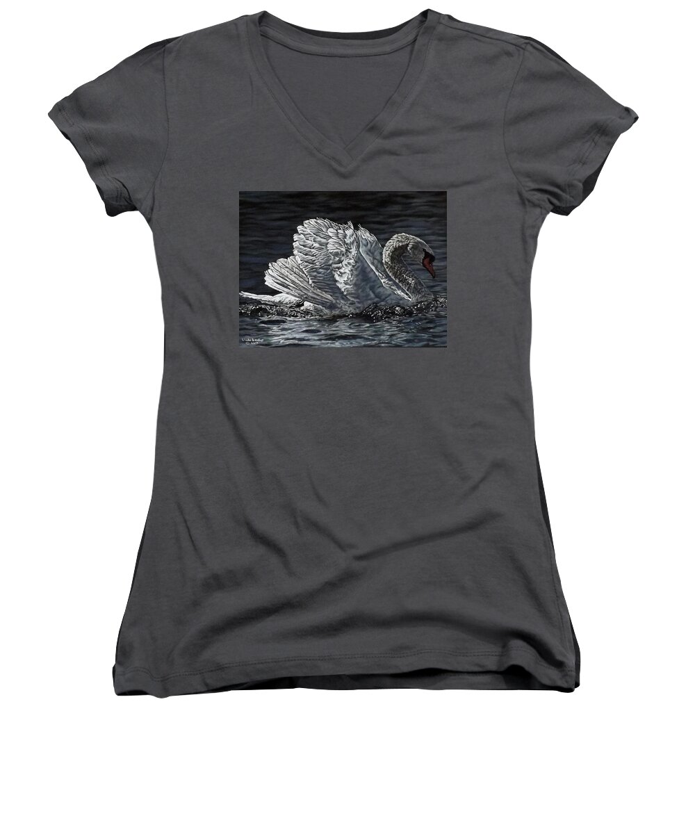 Swan Women's V-Neck featuring the painting Swan by Linda Becker