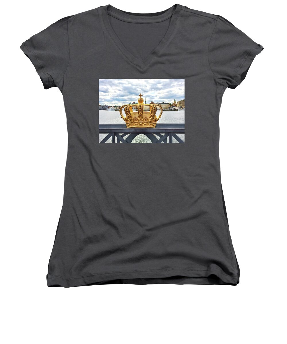 Stockholm Women's V-Neck featuring the photograph Swedish royal crown on a bridge in Stockholm by GoodMood Art