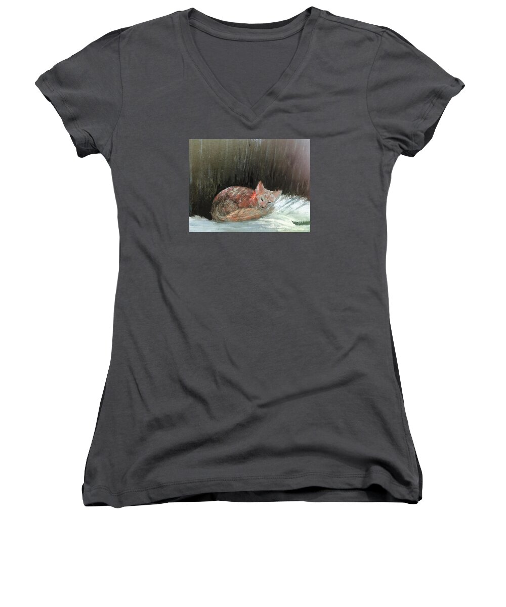 Red Fox Women's V-Neck featuring the painting Sweet Slumber by Trilby Cole