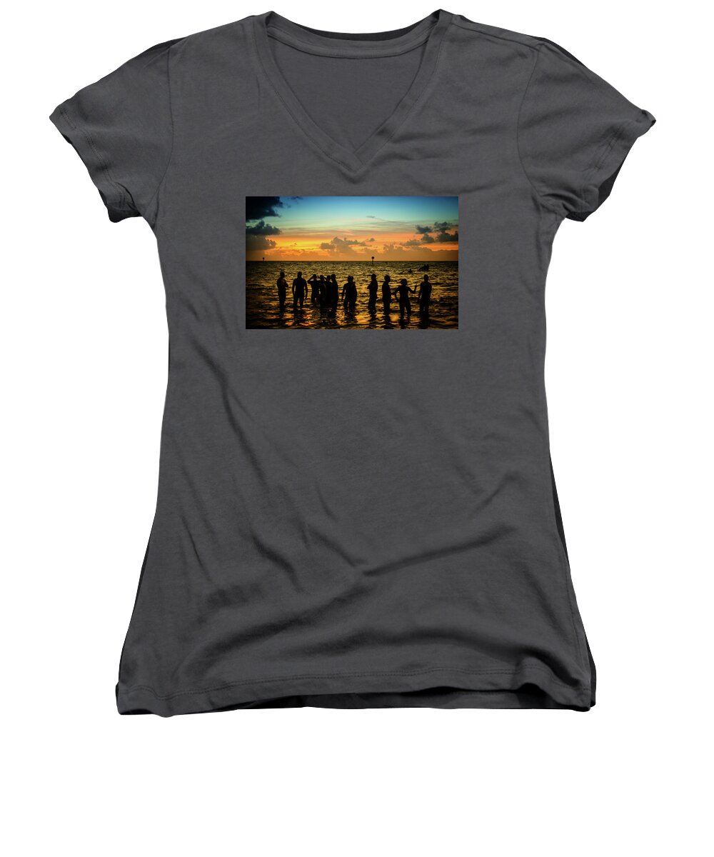 Landscape Women's V-Neck featuring the photograph Swimmers Sunrise by Joe Shrader