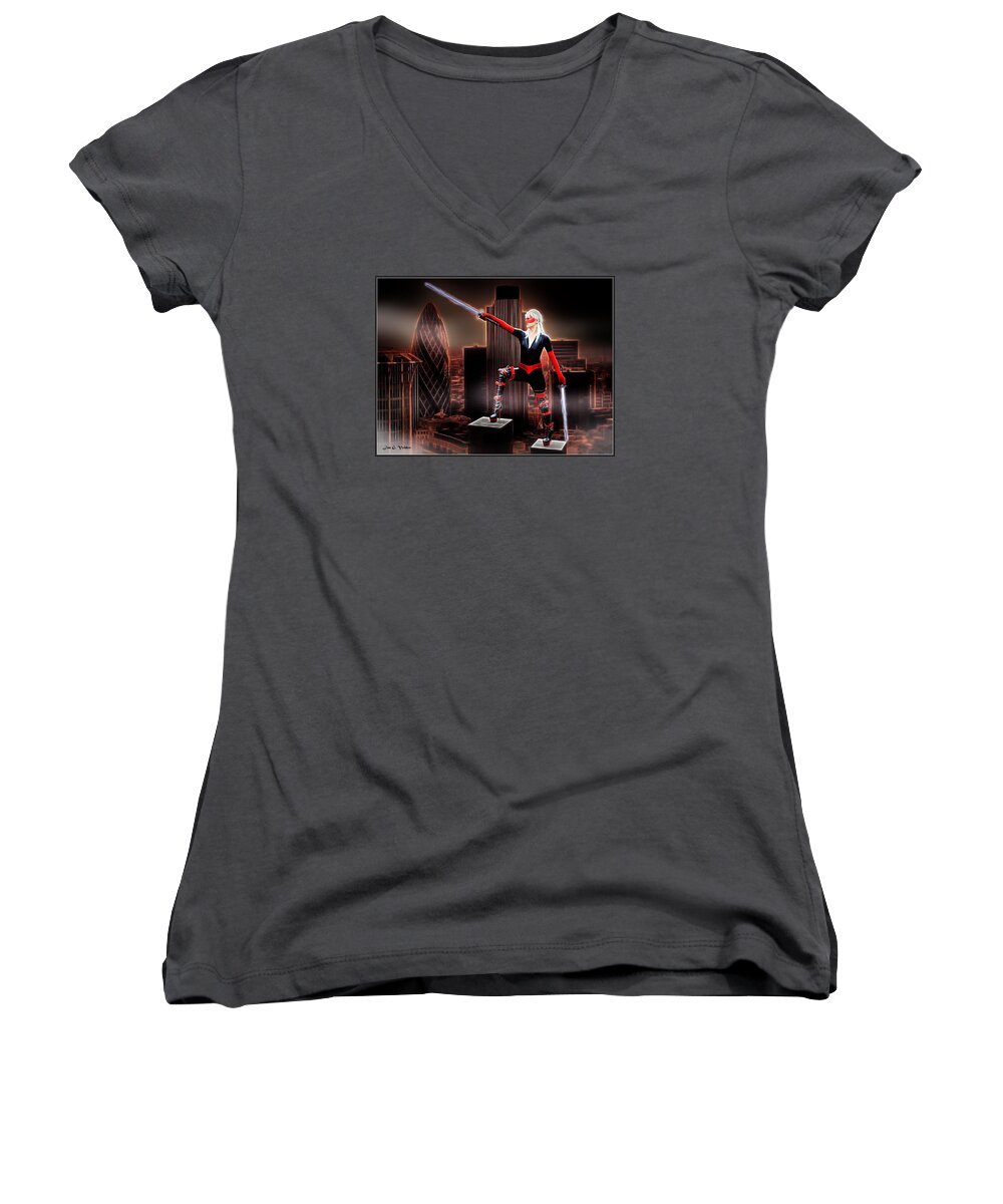 Fantasy Women's V-Neck featuring the painting Sword Of The Avenger by Jon Volden