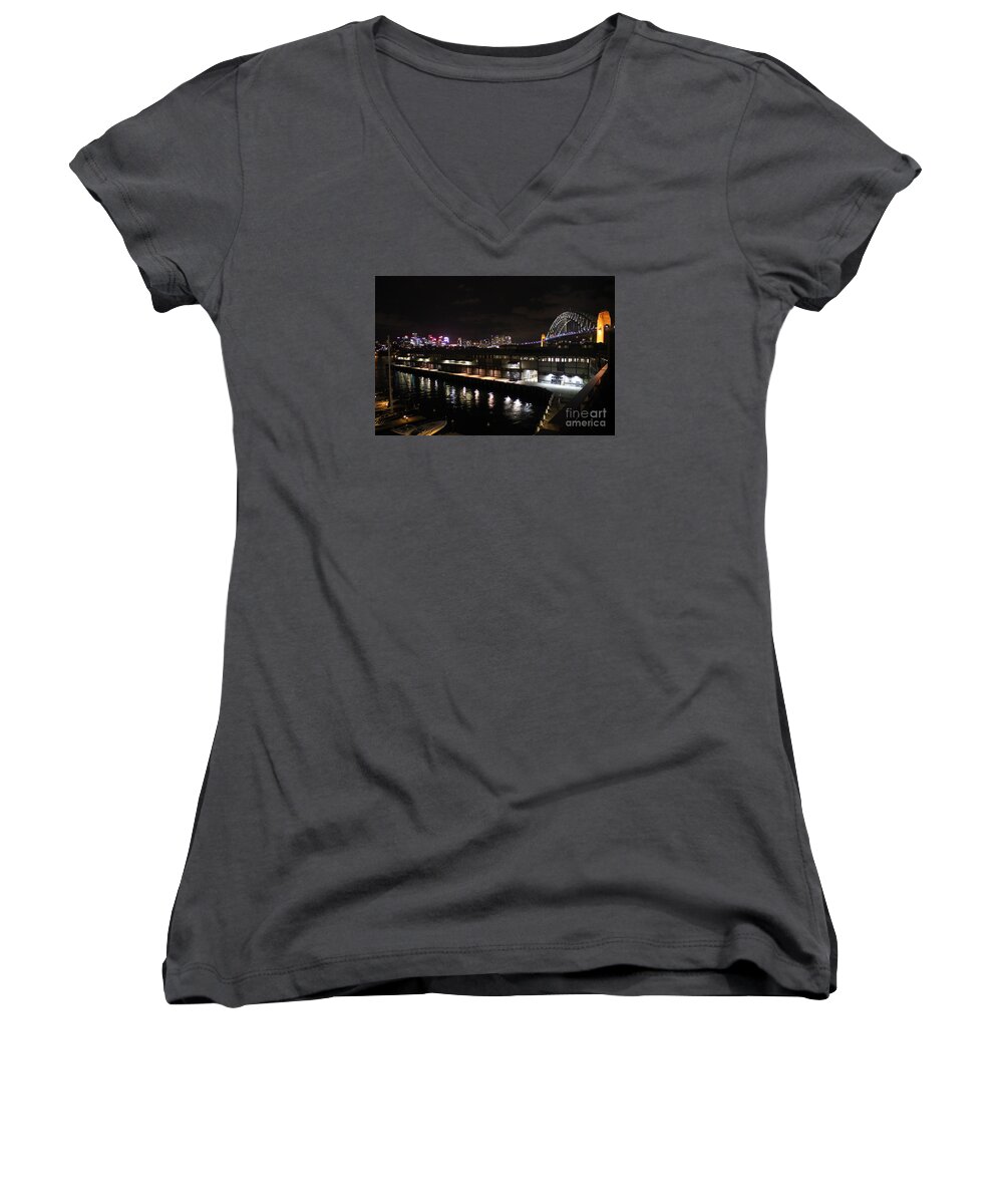 Sydney Harbor Women's V-Neck featuring the photograph Sydney Harbor at Night by Bev Conover