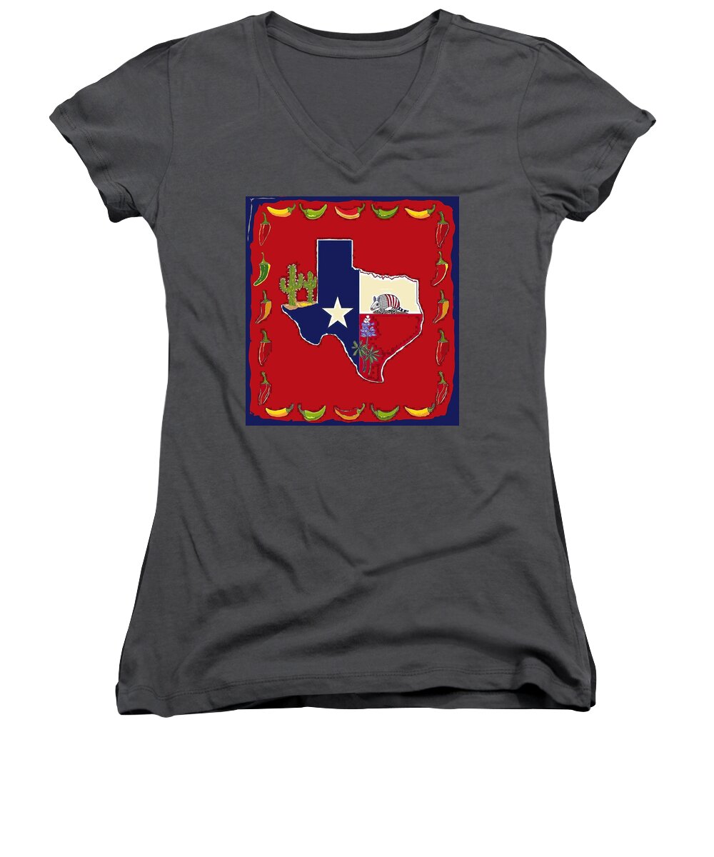Texas Women's V-Neck featuring the digital art Symbols of Texas by Suzanne Theis