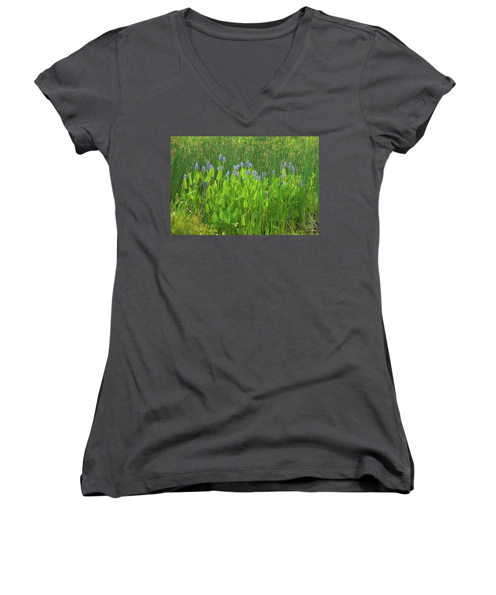 Bloom Women's V-Neck featuring the photograph Tall Purple and Blue Blooming Flowers by Dennis Dame