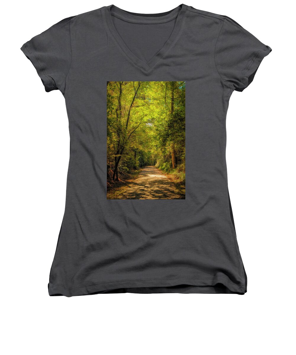 Tallulah River; Tallulah Gorge State Park; Georgia; Trail; Forest; Mountains; Digital Art Women's V-Neck featuring the photograph Tallulah Trail by Mick Burkey