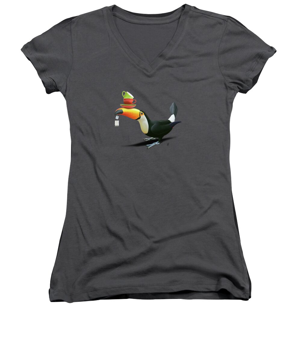 Toucan Women's V-Neck featuring the digital art Tea for Tou Colour by Rob Snow