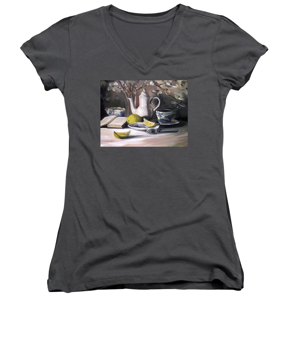 Tea Women's V-Neck featuring the painting Tea with Lemon by Nancy Griswold