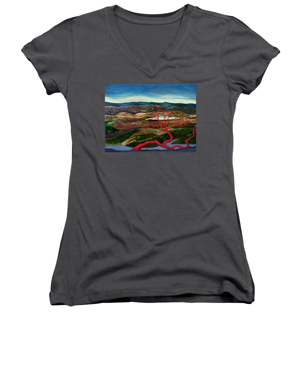 Oil On Canvas Women's V-Neck featuring the painting Tess' World by Vera Smith