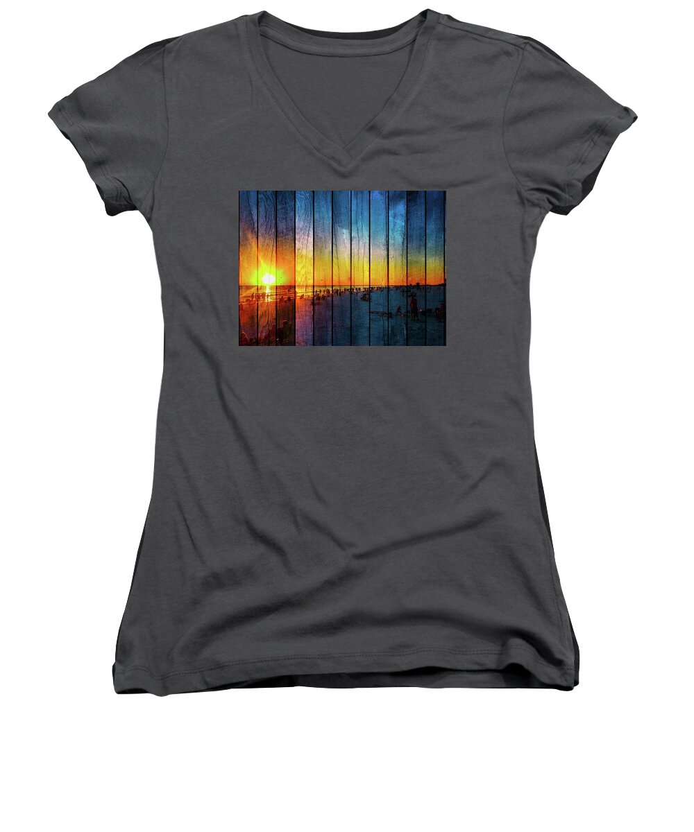 Susan Molnar Women's V-Neck featuring the photograph Siesta Key Drum Circle Sunset - Wood Plank Look by Susan Molnar
