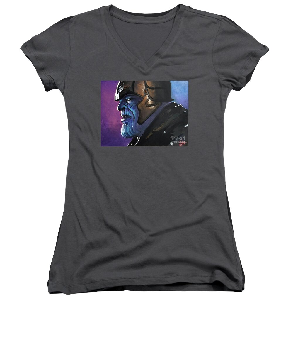 Guardians Of The Galaxy Women's V-Neck featuring the painting Thanos by Tom Carlton