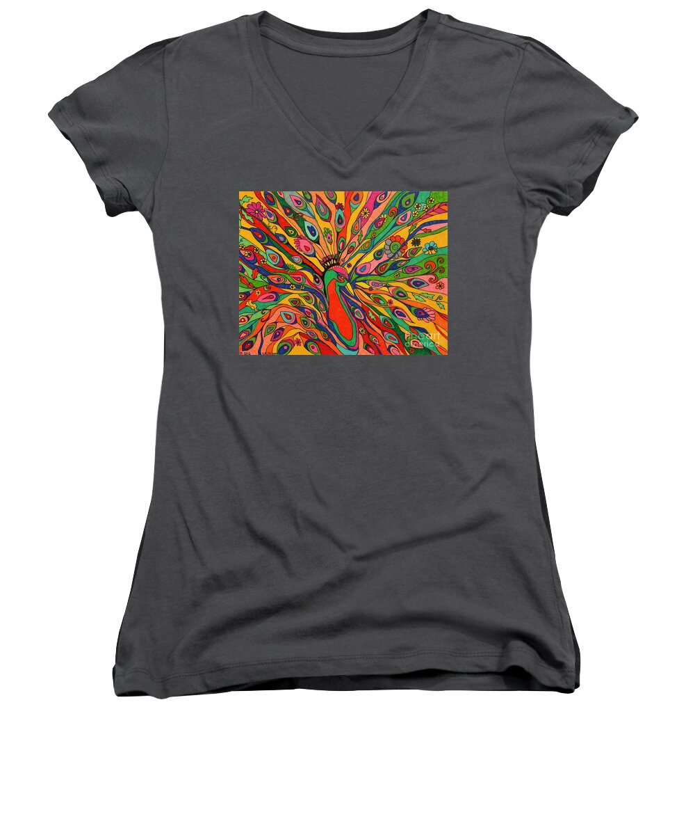 Animals Women's V-Neck featuring the painting That Bloomin Peacock by Alison Caltrider