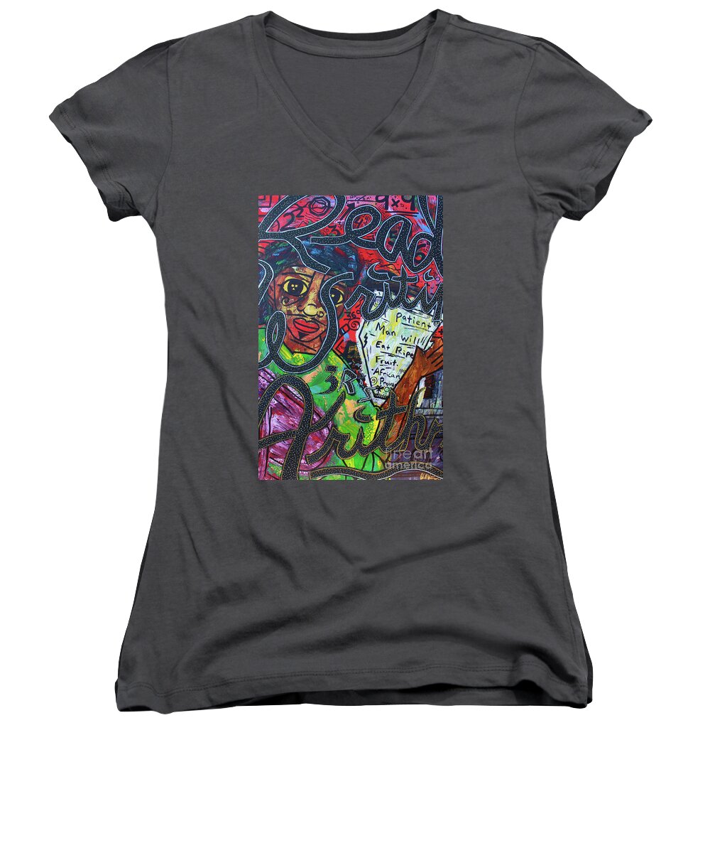  Women's V-Neck featuring the painting The 3 R's by Odalo Wasikhongo