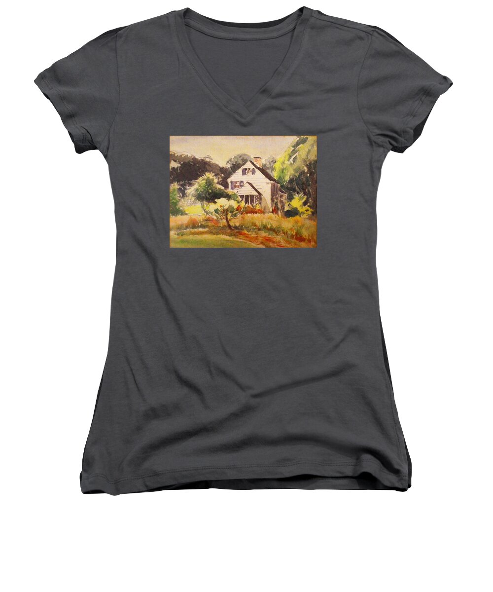 Watercolor Women's V-Neck featuring the painting The Abandoned farmhouse by Stacie Siemsen