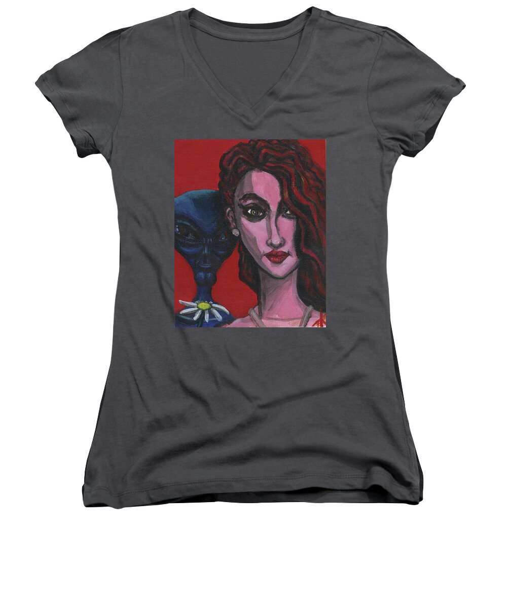Girlfriend Women's V-Neck featuring the painting The alien brings a flower each day by Similar Alien