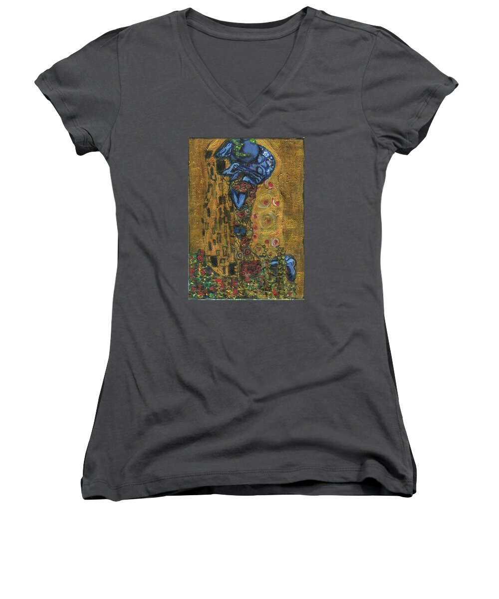 Kiss Women's V-Neck featuring the painting The alien kiss by Blastoff Klimt by Similar Alien