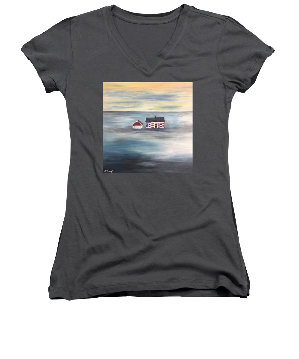 Climate Change Women's V-Neck featuring the painting The American Dream and Climate Change by Barbara Anna Knauf