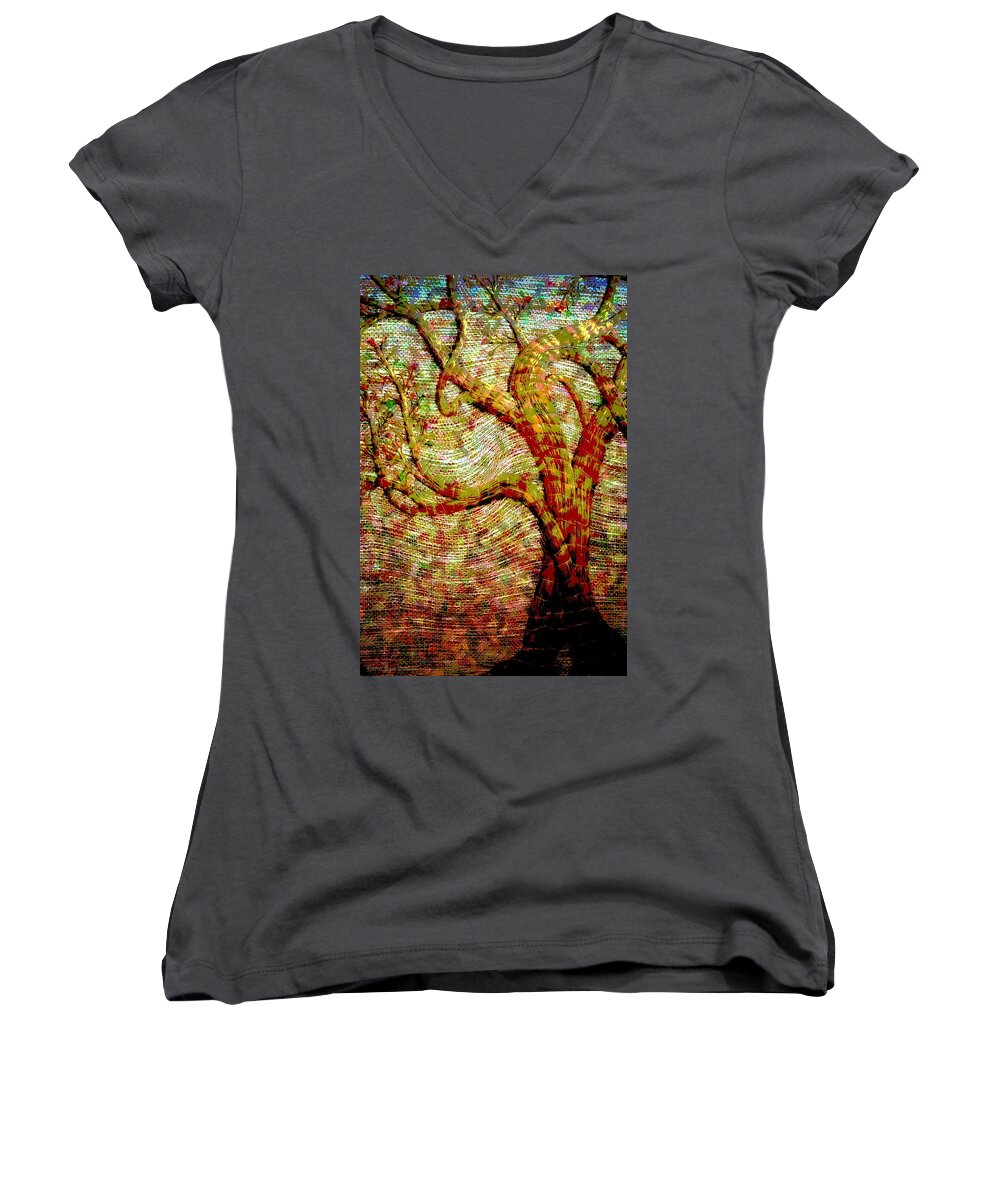 Tree Women's V-Neck featuring the digital art The Ancient Tree Of Wisdom by Joyce Dickens