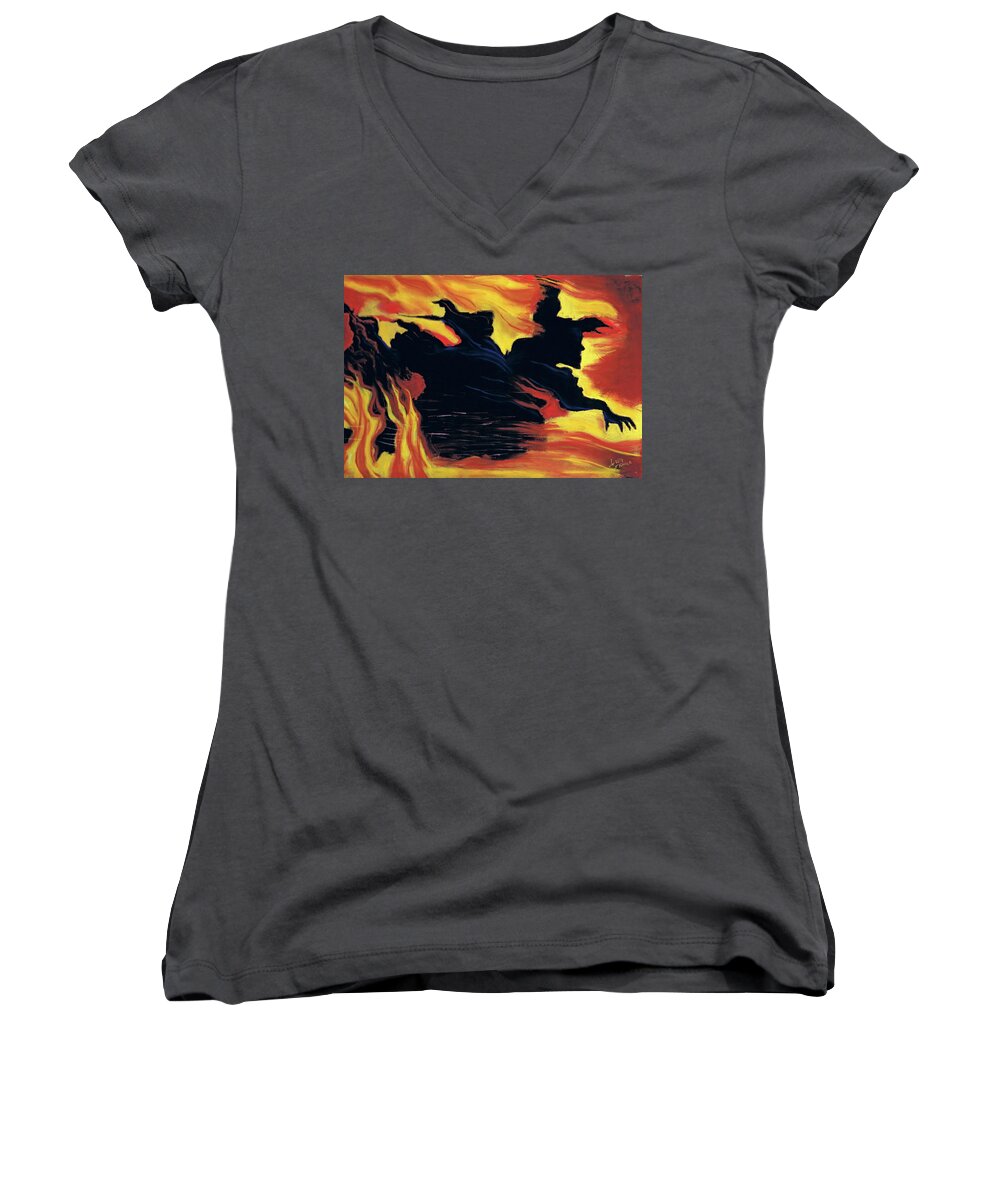 Wizard Of Oz Women's V-Neck featuring the painting The Arrival of The Wicked by Lisa Crisman