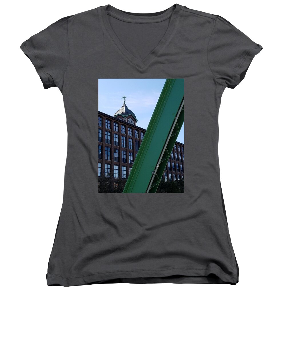 Duck Bridge Women's V-Neck featuring the photograph The Ayer Mill and Clock Tower by Mary Capriole