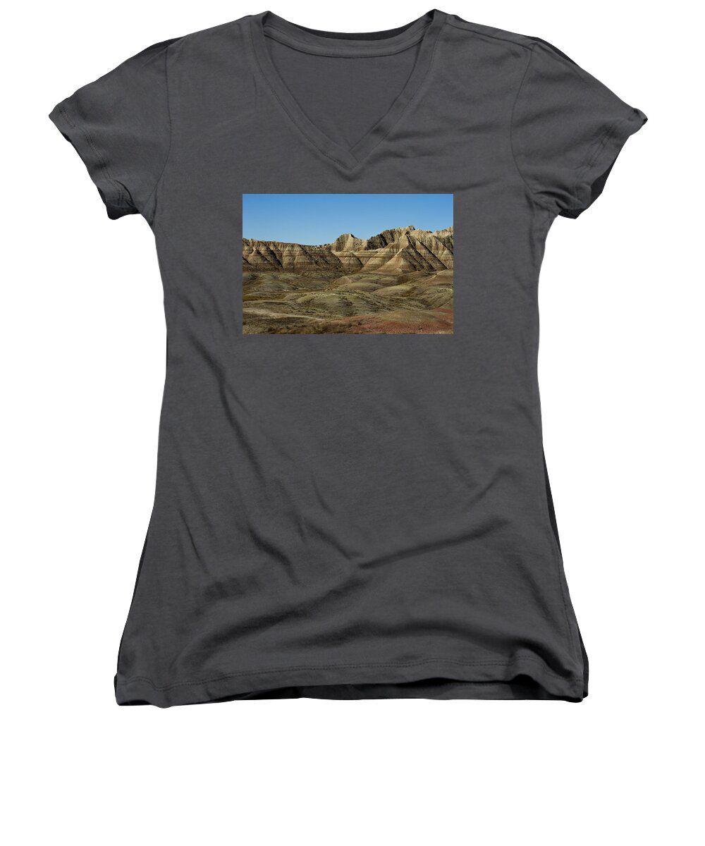 Beautiful Women's V-Neck featuring the photograph The Bad Lands by Suanne Forster