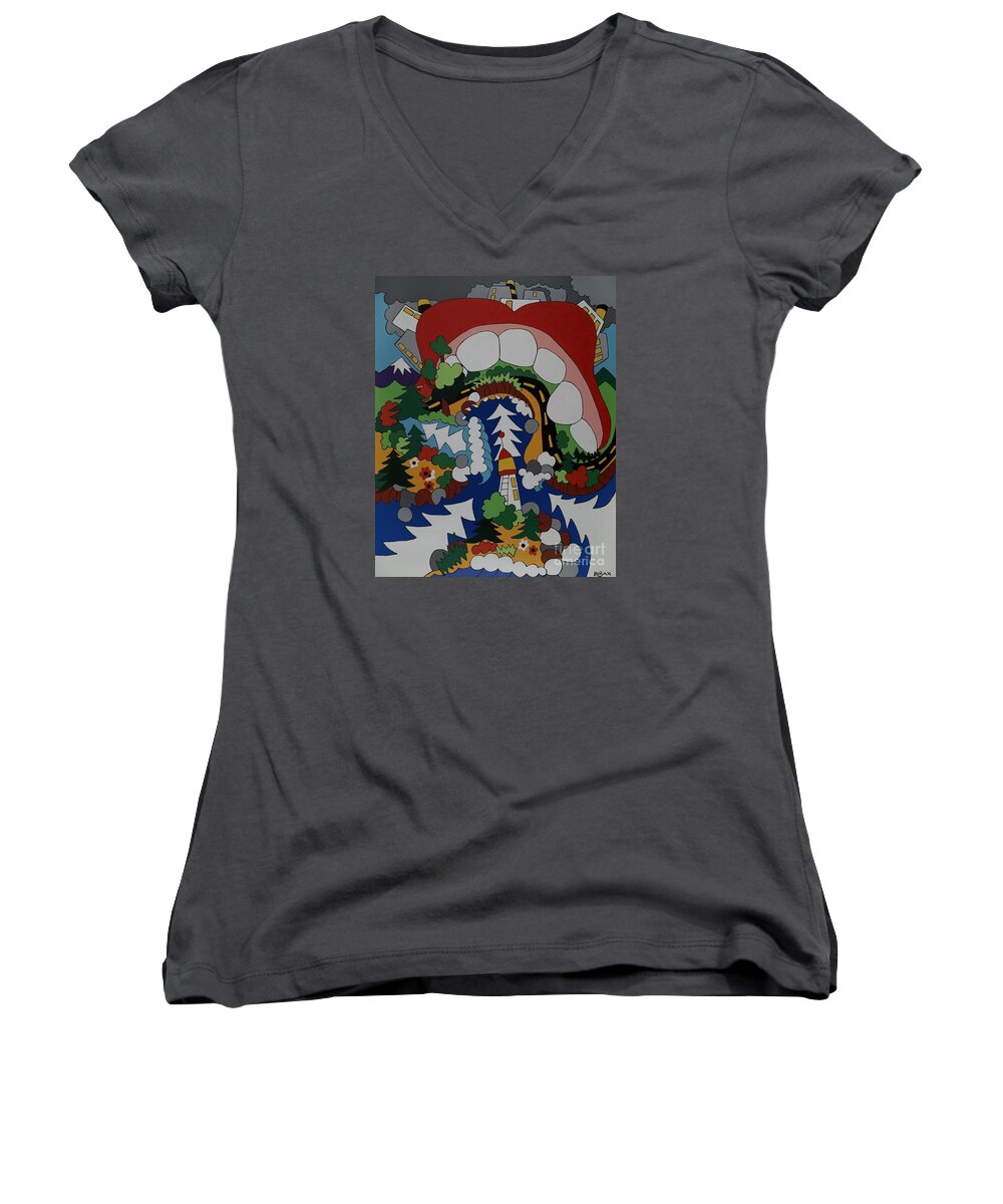 Big Mouth Women's V-Neck featuring the painting The Big Bite by Rojax Art