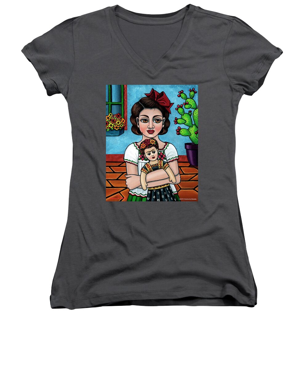 Hispanic Art Women's V-Neck featuring the painting The Blue House by Victoria De Almeida