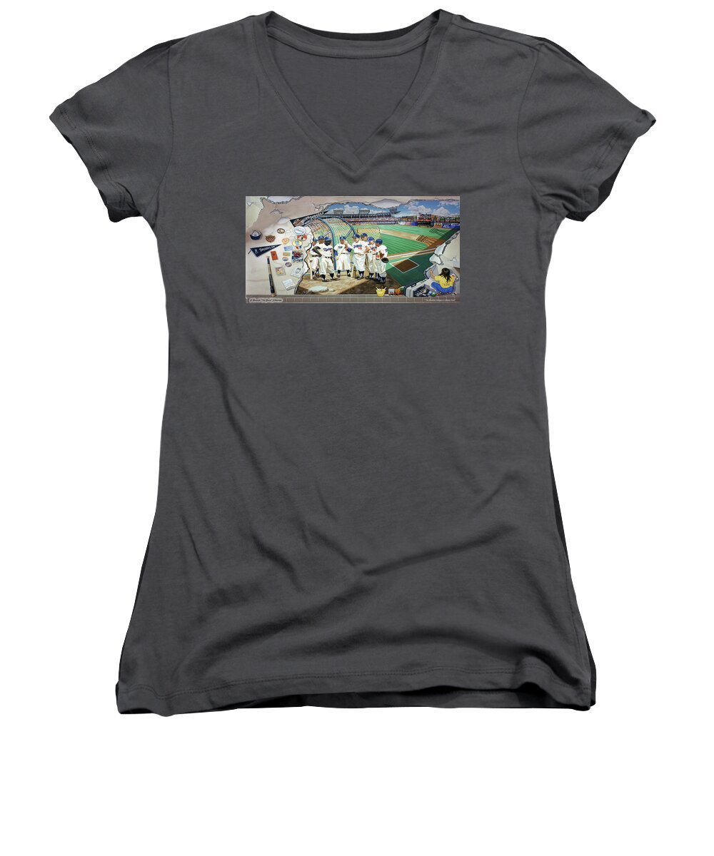 Brooklyn Dodgers Women's V-Neck featuring the painting The Brooklyn Dodgers in Ebbets Field towel version by Bonnie Siracusa