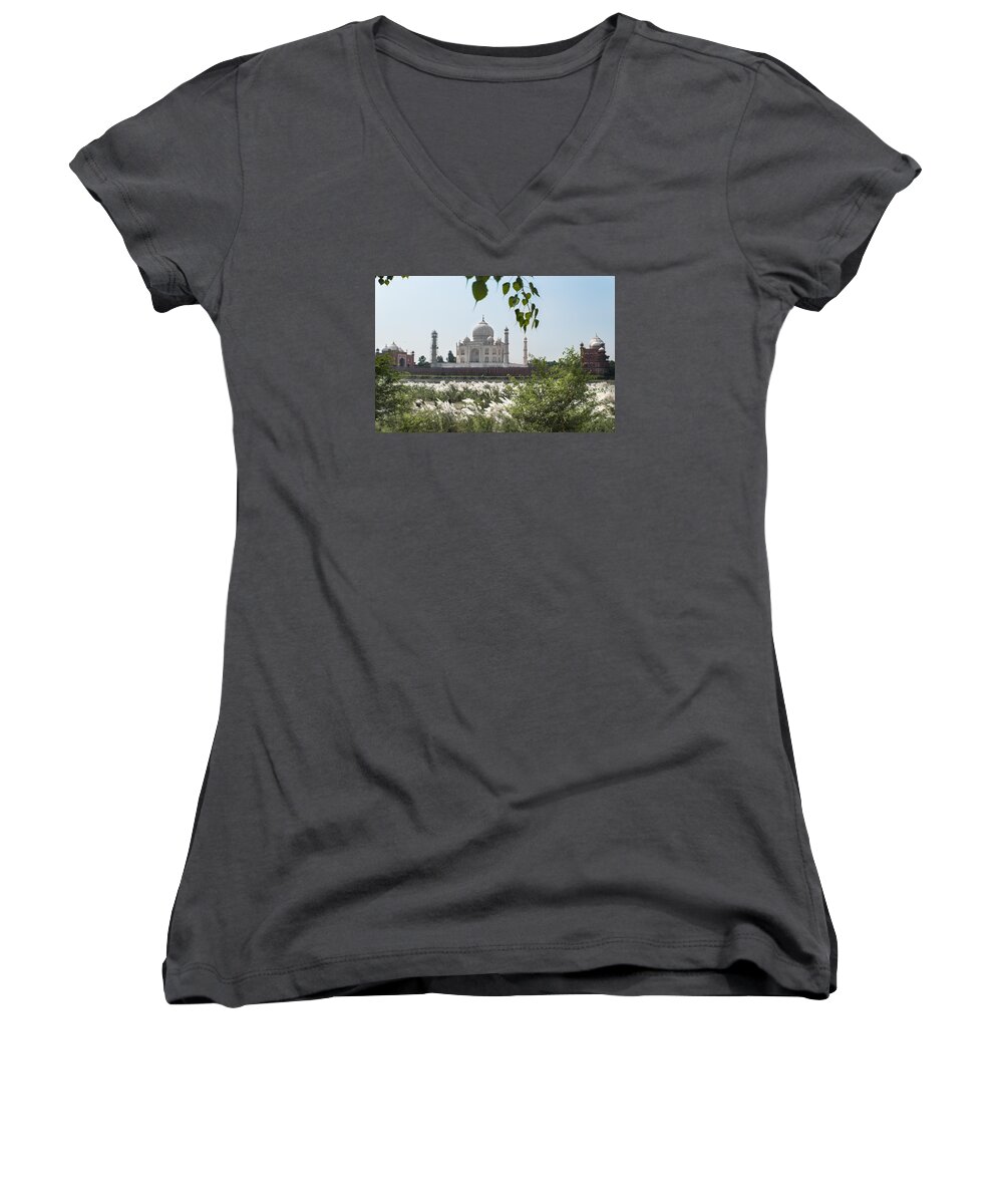 Agra Women's V-Neck featuring the photograph The Calm behind the Taj Mahal by Art Atkins