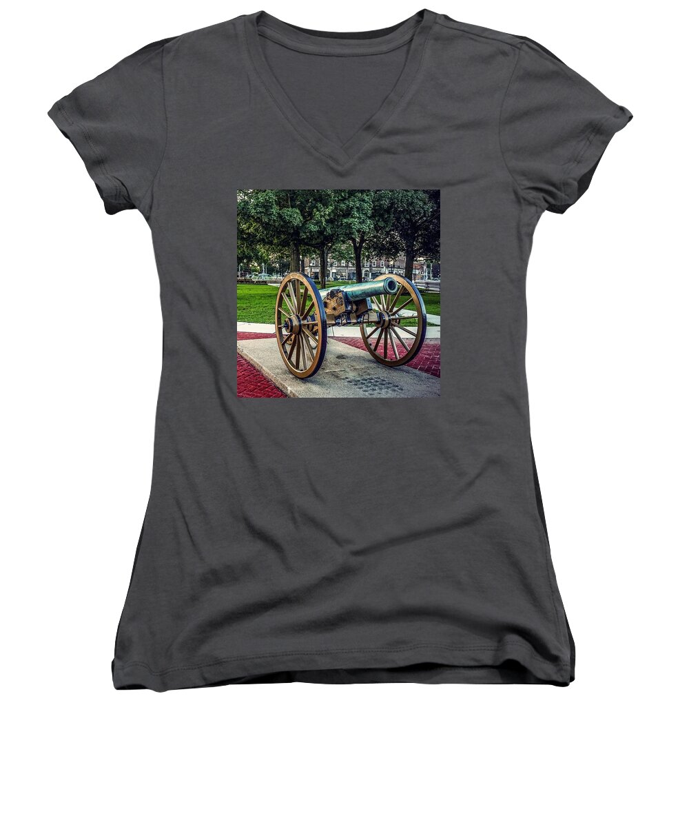  Women's V-Neck featuring the photograph The Cannon in the Park by Kendall McKernon