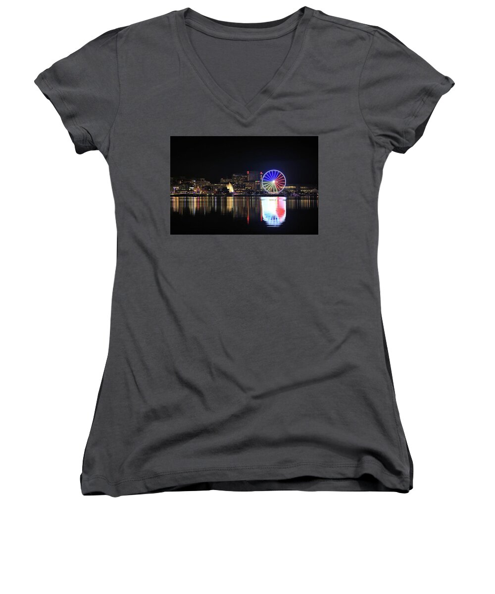 Photosbymch Women's V-Neck featuring the photograph The Capital Wheel over the Potomac by M C Hood
