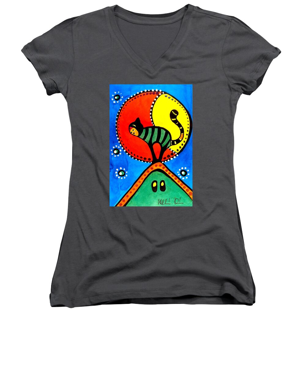 For Kids Women's V-Neck featuring the painting The Cat and the Moon - Cat Art by Dora Hathazi Mendes by Dora Hathazi Mendes